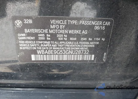 2016 BMW 328 from USA, damaged, VIN WBA8E9G53GNU28732